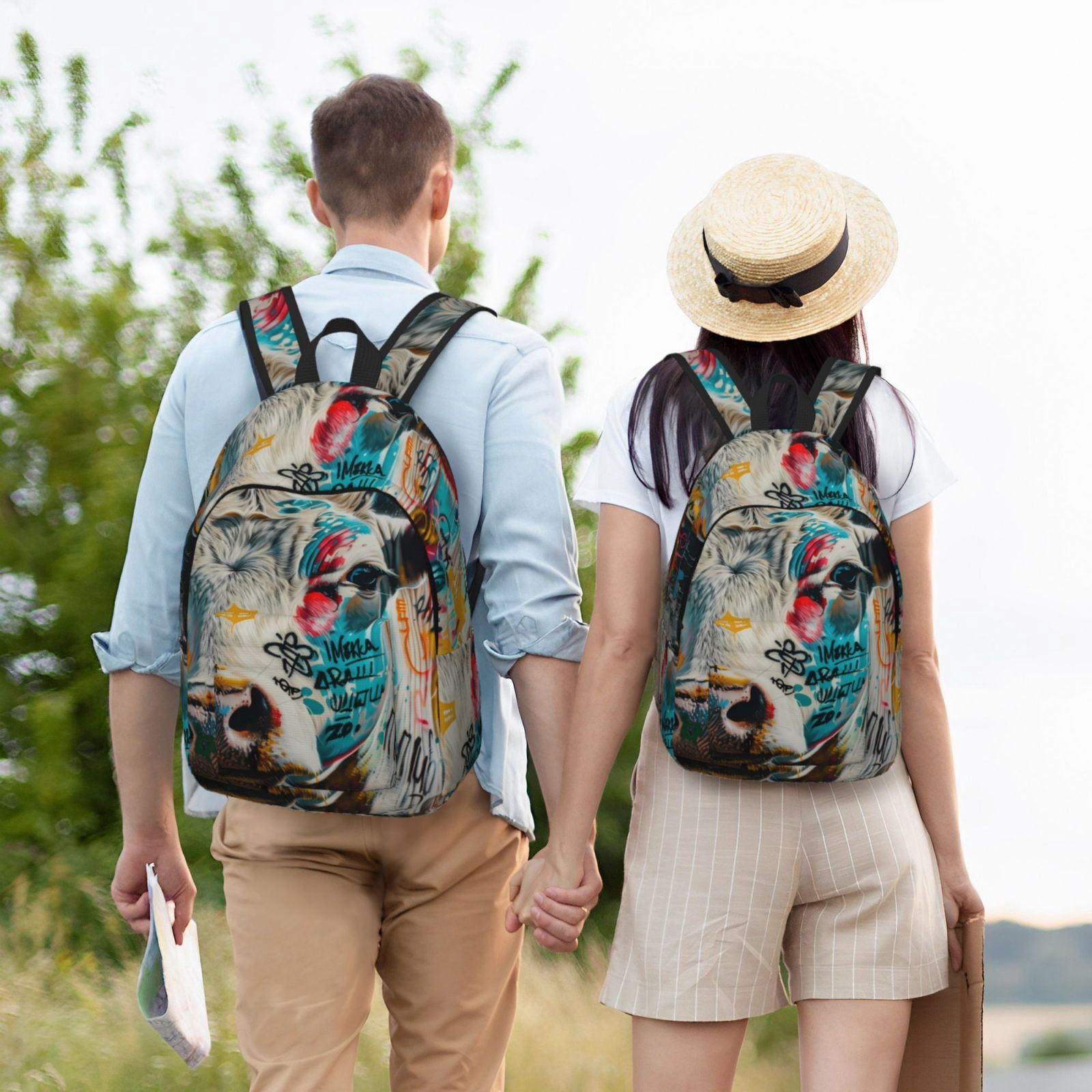 Picia Colorful Graffiti Cow Printed Canvas Daypack - Stylish and Durable Vintage Compact Backpack - Class, Work, Travel, or Laptop Bookbag,Organized Compartments-Small