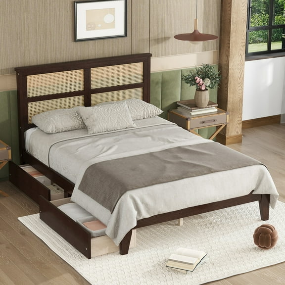 Noble House Full Size Bed, Solid Rubber Wood Frame with Woven Rattan Headboard & 2 Storage Drawers, Espresso