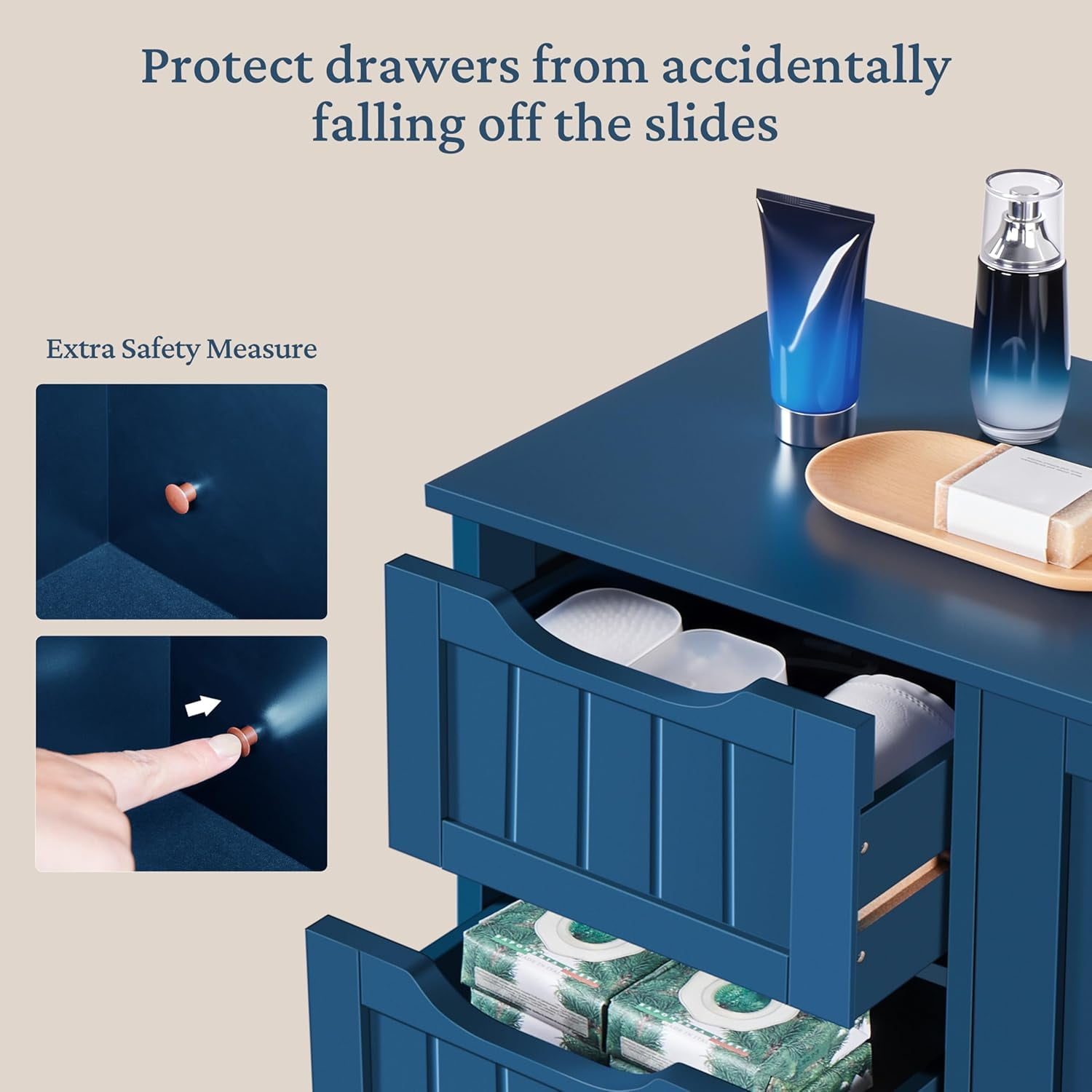 Wooden Bathroom Floor Cabinet, Side Storage Organizer Cabinet with 4 Drawers and 1 Cupboard, Freestanding Entryway Storage Unit Console Table, Bathroom Furniture Home Decor, Navy Blue