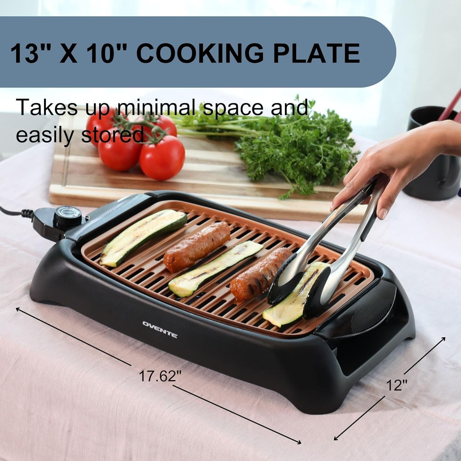 OVENTE Electric Indoor Grill with 13x10 Inch Non-Stick Cooking Surface, 1000W Fast Heat Up Power, Adjustable Temperature, Removable and Dishwasher Safe Grilling Plate and Drip Tray, Copper GD1632NLCO