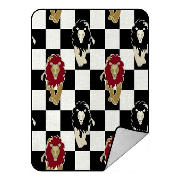 ABPHQTO Red White Lions Chessboard Tartan Fleece Blanket Fleece Back Throw Blanket 58x80 inch