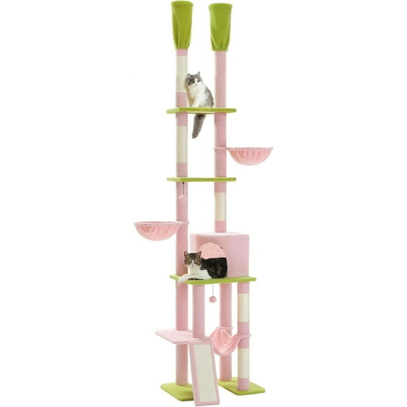 WgoodW Road Pink Cat Tree, Floor to Ceiling Cat Tower with Adjustable Height(85-112 Inches), 7 Tiers Climbing Activity Center with Cozy Hammocks, 5 Platforms and Scratching Posts for Indoor Cats-Pink