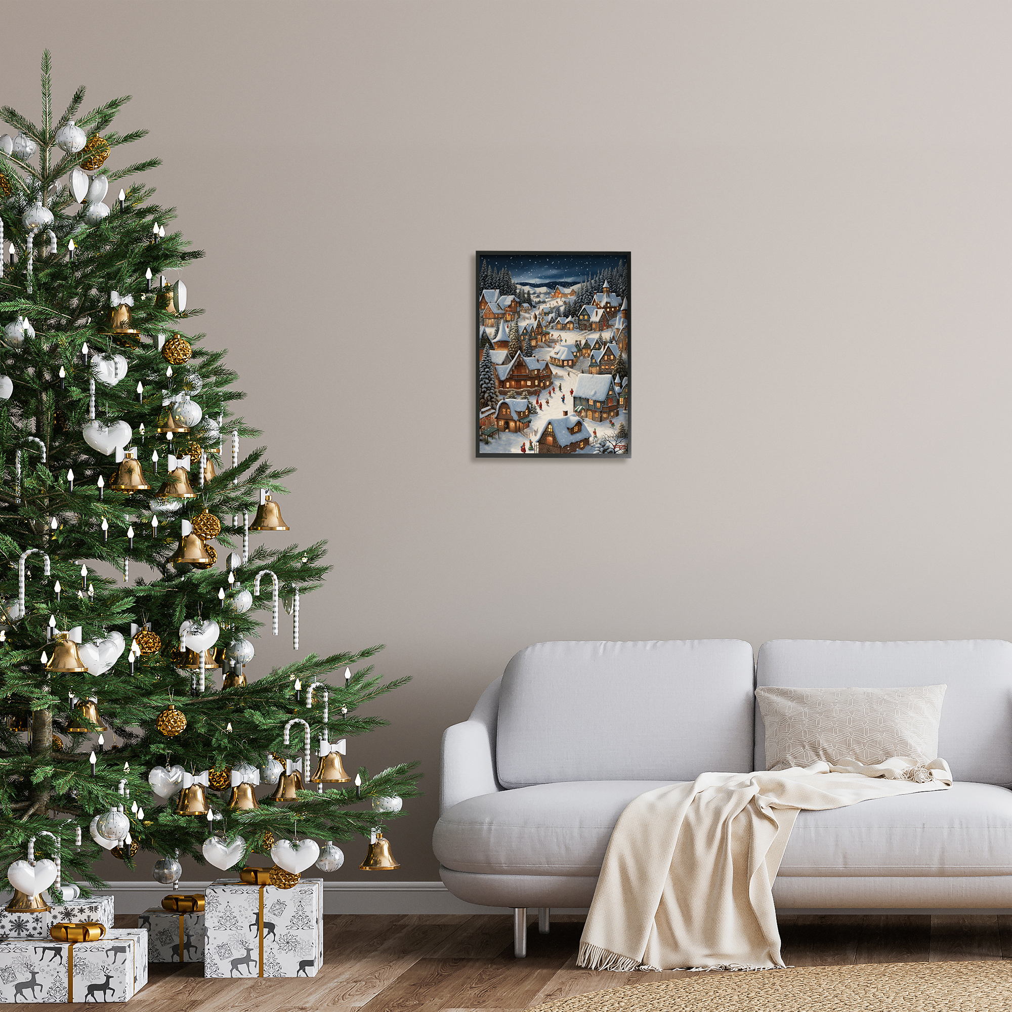 Stupell Industries Snowy Christmas Village Holiday Painting Black Framed Art Print Wall Art, 16 x 20
