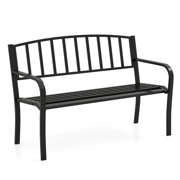 Gymax 50 Inches Garden Bench w/ Slatted Backrest & Curved Armrests for Porch
