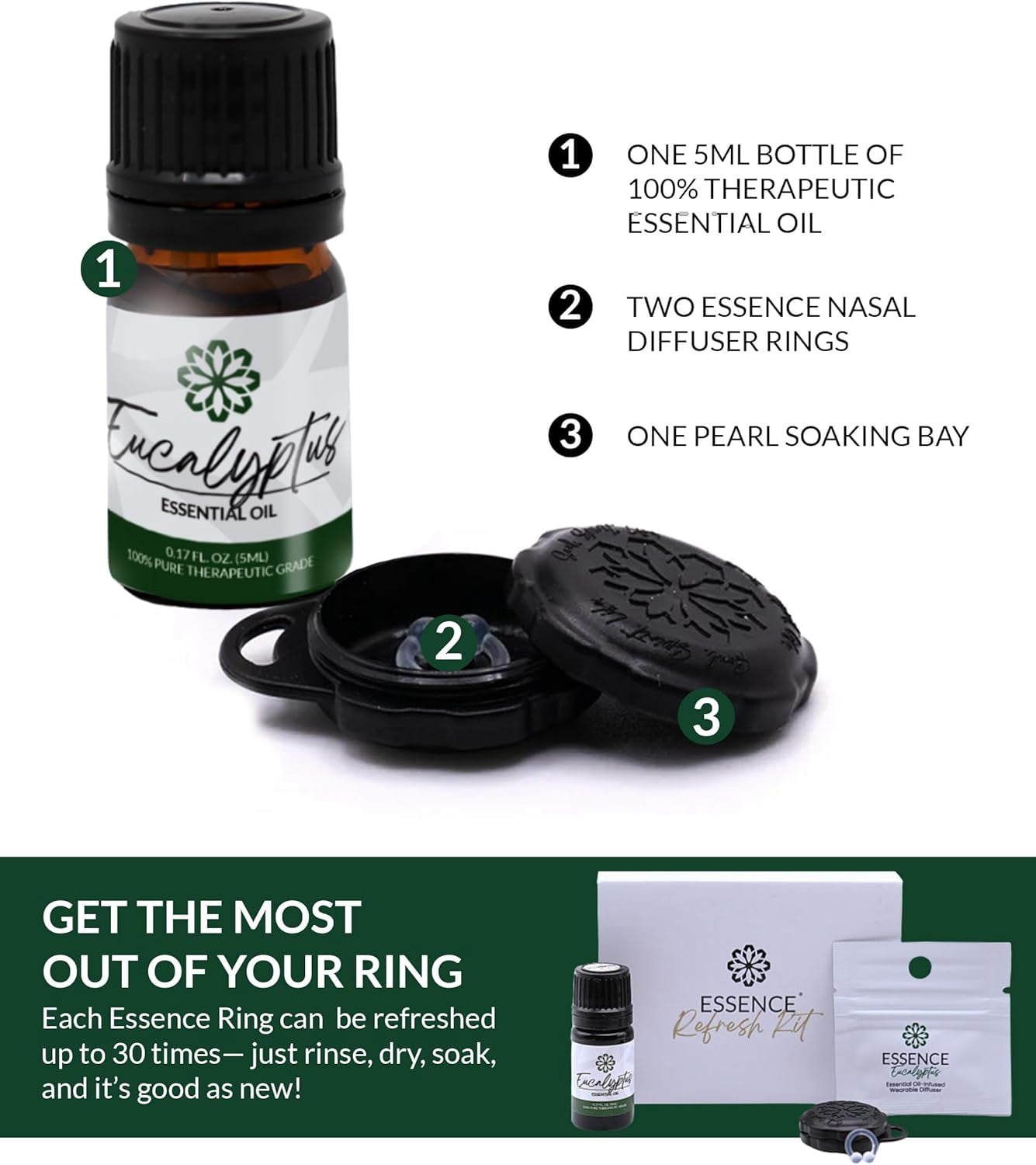 Essence Refresh Kit – Eucalyptus Essential Oil – Black Personal Aromatherapy Pod