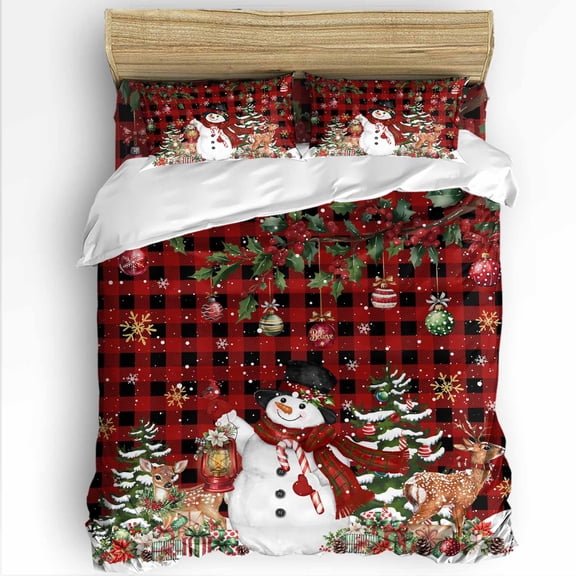 Christmas Snowman King Size Comforter Set, Xmas Snowflake Elk Tree Balls Red Plaid Soft Bedding for All Seasons, 4 Pcs Bed Set with 1Comforter (90"x106") ,1 Sheet(94"x116"), 2 Pillowcases (19"x35")