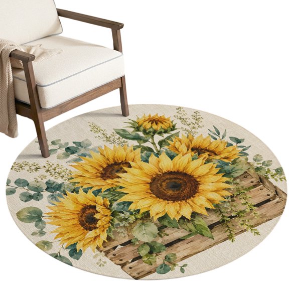 Fall Sunflower Round Area Rug 3ft Summer Eucalyptus Leaf Shabby Chic Floral Linen Texture Non-Slip Washable Circle Rugs Soft Felt Indoor Floor Mat for Bedroom Kitchen Living Room Bathroom