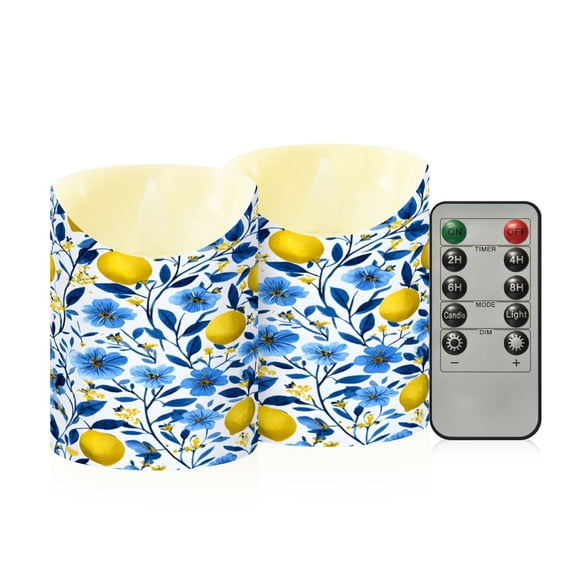 Lemon and Flowers Flameless Candles 2 PCS with Remote Realistic Moving Flame LED Tapered Pillar Set for Home Decor