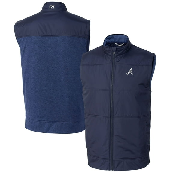 Men's Cutter & Buck Navy Atlanta Braves Stealth Hybrid Quilted Windbreaker Full-Zip Vest