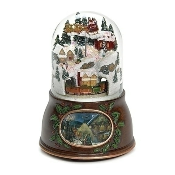 Musical Village with Santa Train Brown 6 inch Resin Holiday Wind Up Snow Dome