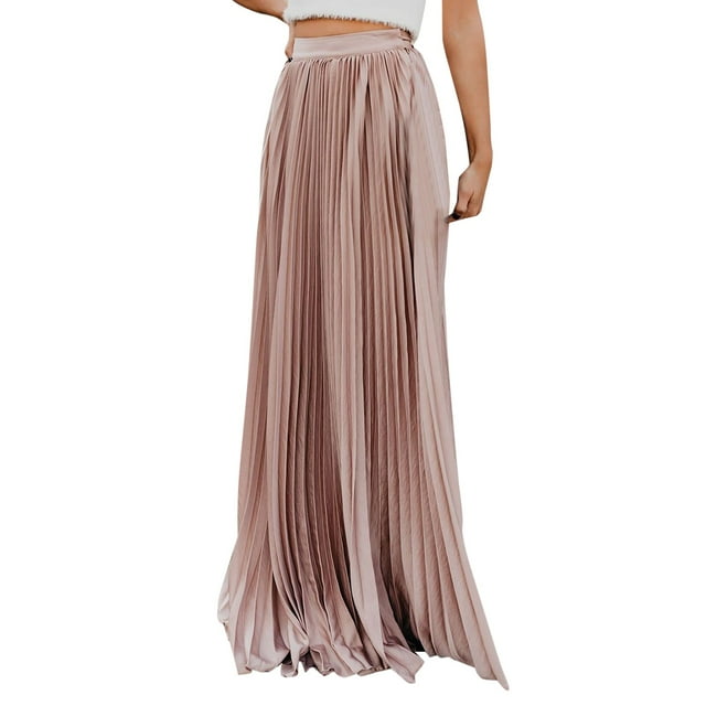 B91xZ Jupe Courte pour Femmes Taille Haute Élastique Plissée Fluide Évasée Jupe Longue, Rose S