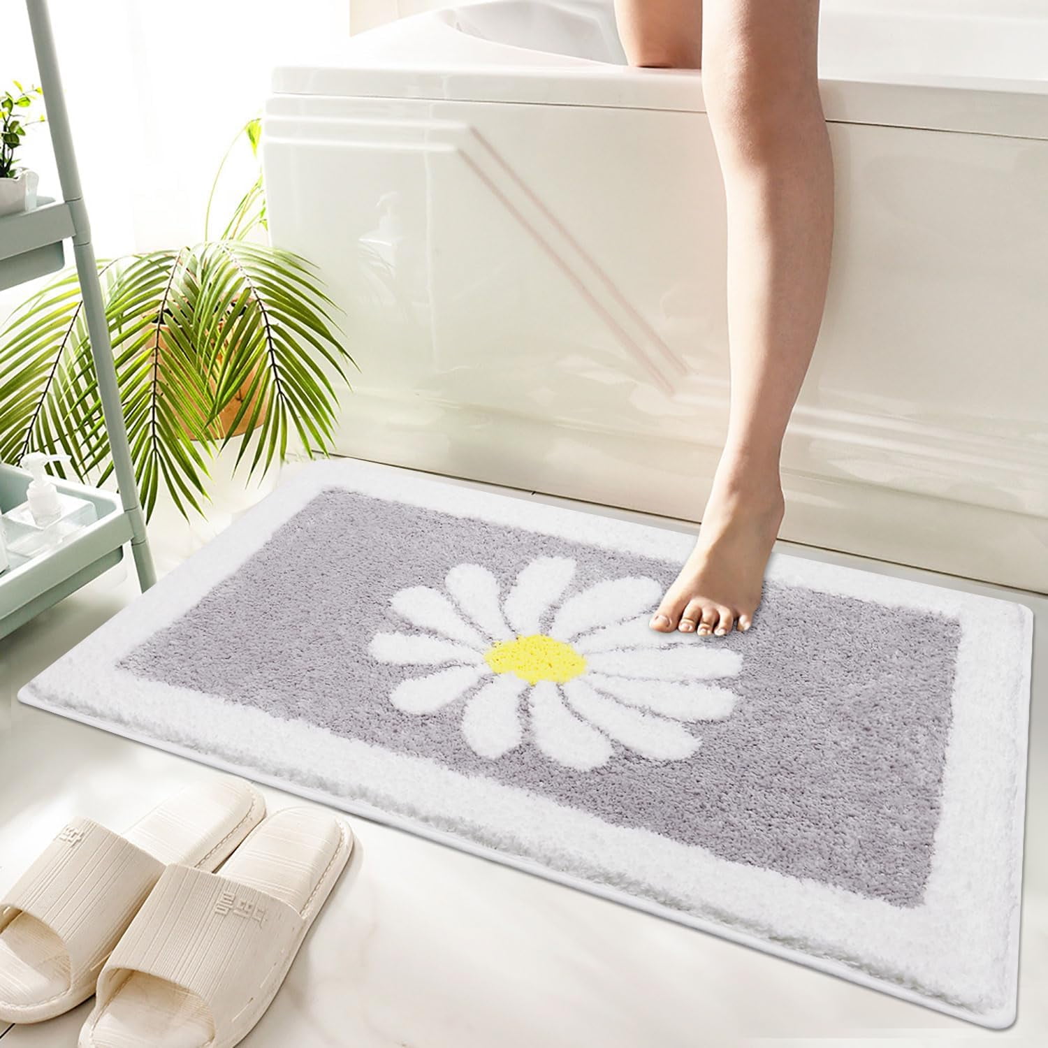 Daisy Bath Mat NonSlip Soft Cute Boho Floral Bath Rugs Machine