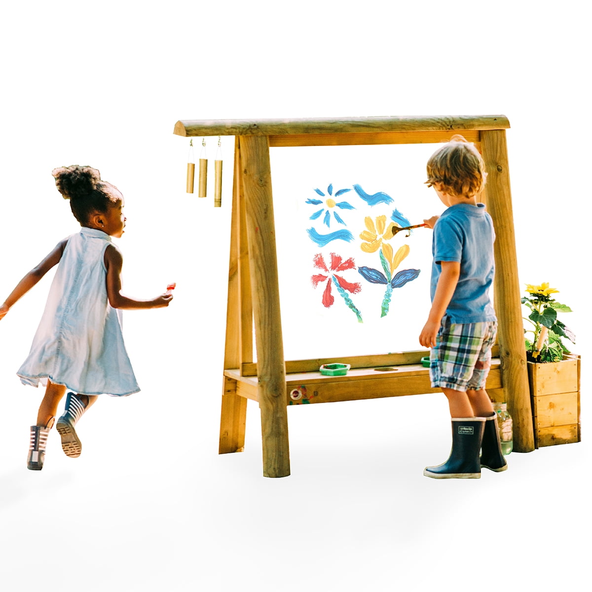 Plum Discovery Art Easel for Kids- Outdoor Wooden Painting Easels with Paint Brush and Accessories, Learning Toys for Toddlers, Wood Planter Box, Durable, Weatherproof, Ages 3+ Years Up