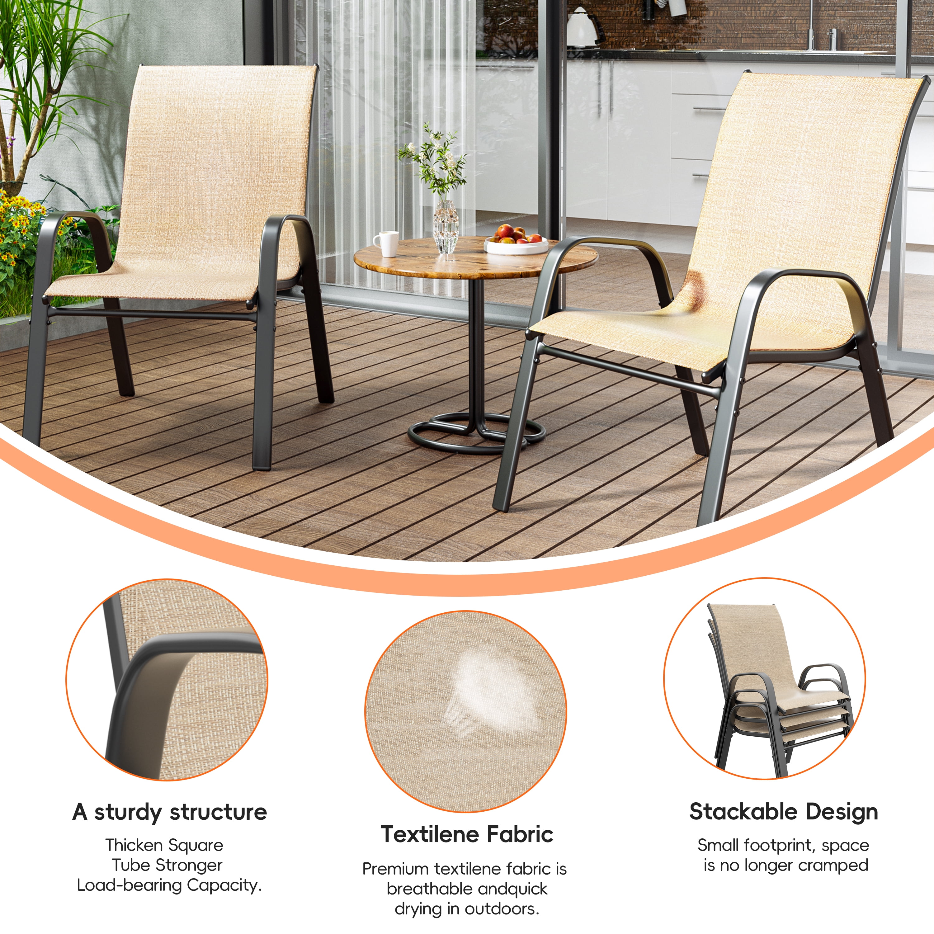 Patio Chairs Set of 2, Outdoor Lightweight Stackable Dining Chairs w/All-Weather Textilene Fabric & Metal Frame, 350LBS Capacity, Outdoor Furniture for Pool Deck, Backyard, Garden(Brown)