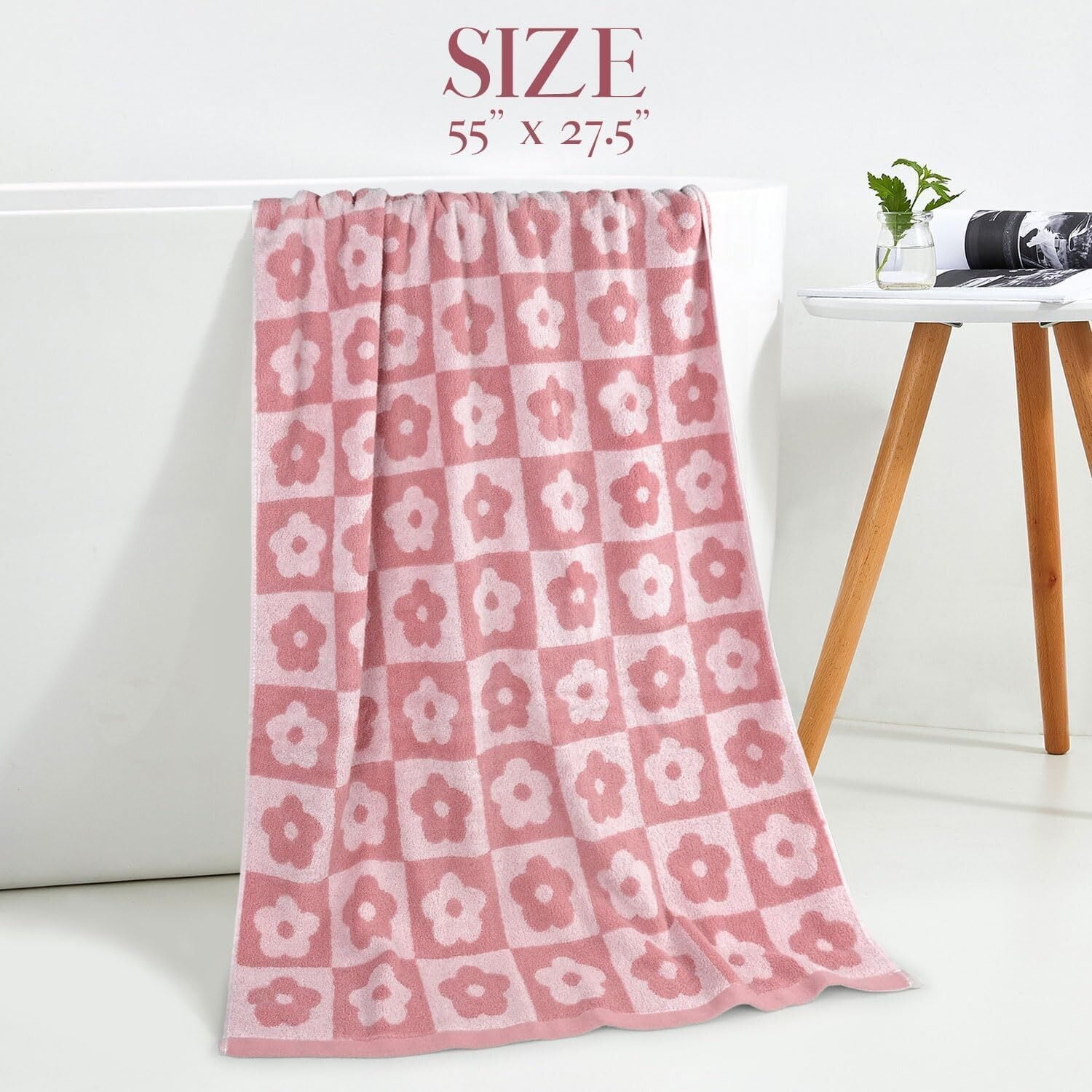 2-Pieces Luxury Bath Towels Checkered Floral, Pink Shower Towel for Women Girls 27.5x55 Inches, 100% Cotton Absorbent Body Towels
