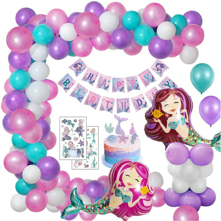 BIRLON Mermaid Birthday Party Decorations for Girls Ages 1-10, Pink Purple  Balloon Set with Happy Birthday Banner 