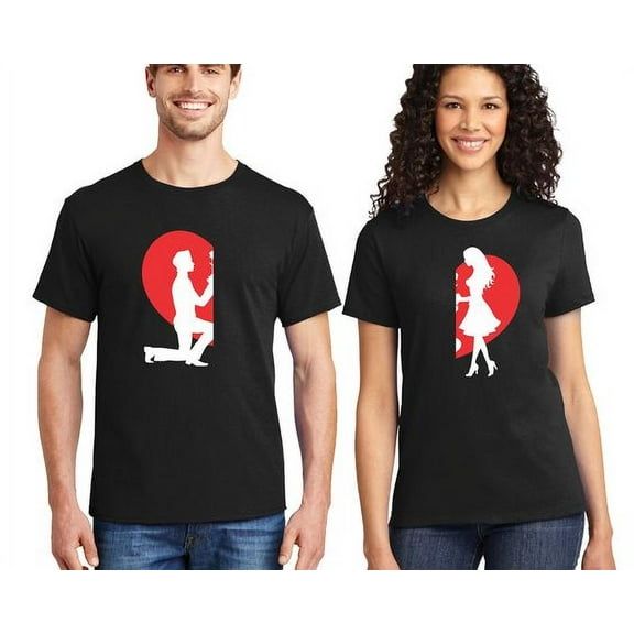 Matching Couple Shirts Half Heart Men Women Couple Tshirts Printed Shirt (Black/Black) (Men L / Women 3XL)