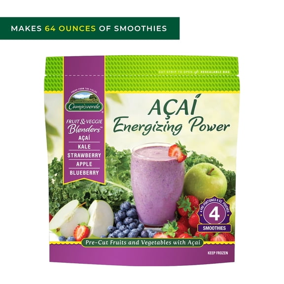 Campoverde Frozen Fruit & Veggie Smoothie Mix, Acai Energizing Power, 4 Pre-Portioned Packs, No Added Sugar, 32 oz
