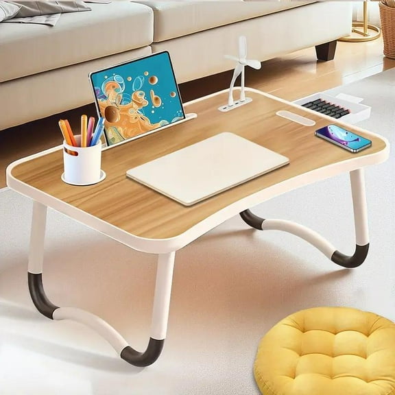 Extra Large Portable Laptop Bed Desk Folding Table, Computer Stand with Cup Holder and Drawer - Multi-Functional Tray with USB Fan and Light for RVs, Perfect for Dining on Sofa or Floor, Reading and