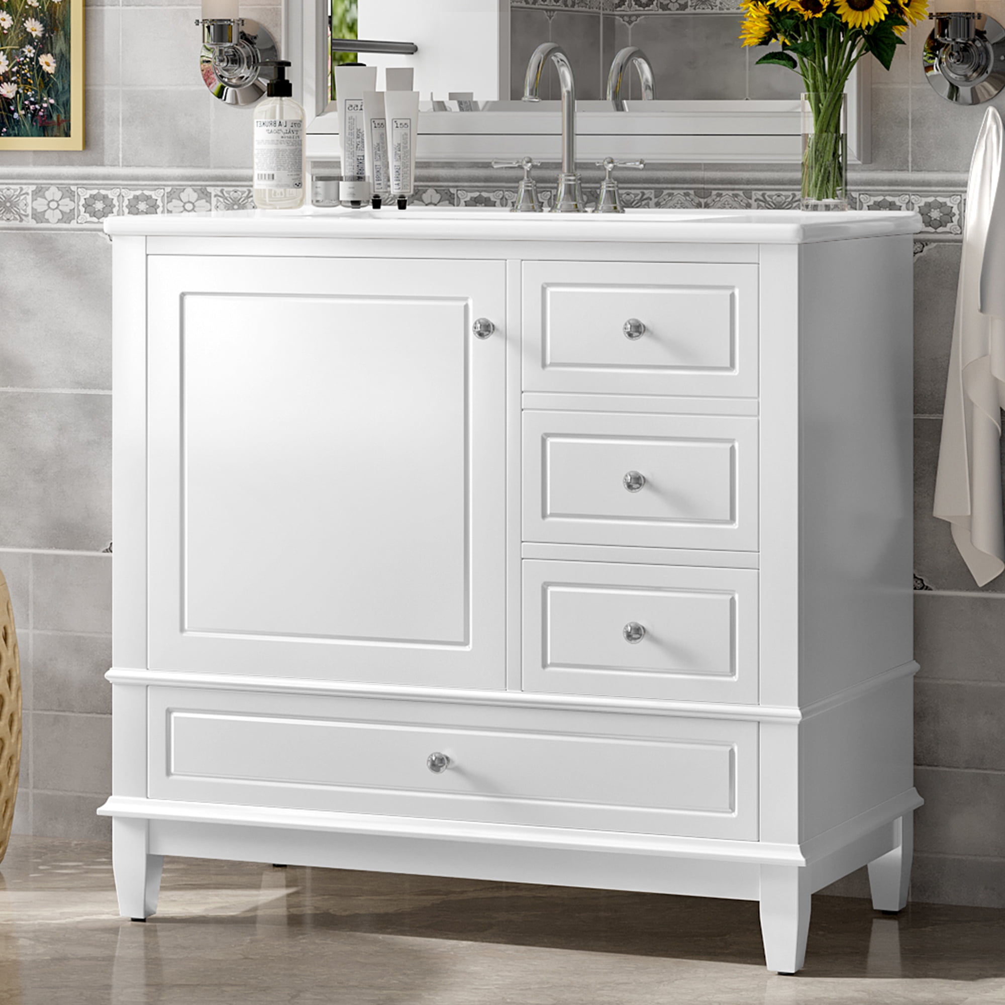 Harper & Bright Designs 36" Bathroom Vanity with Ceramic Sink, Free Standing Single Basin Vanity Set with 3 Drawers & Cabinet with Shelves, Bathroom Sink Storage Cabinet, White