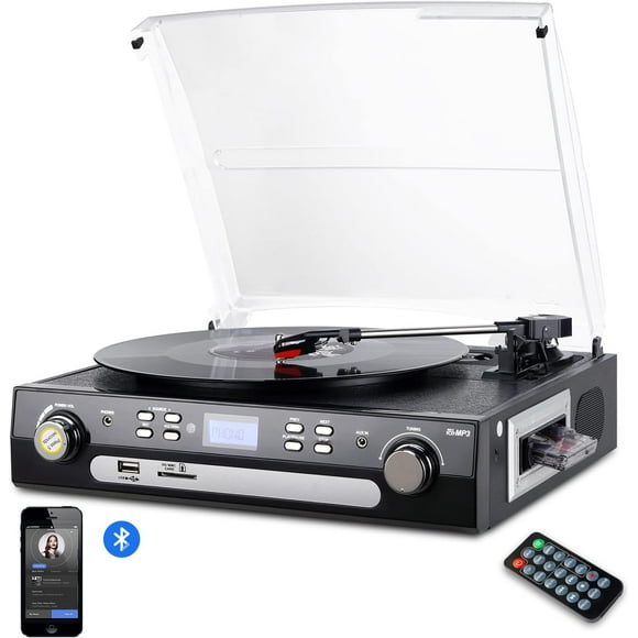 Digitnow Bluetooth Record Player with Stereo Speakers, Turntable for Vinyl to MP3 with Cassette , AM/FM Radio, USB/SD Encoding
