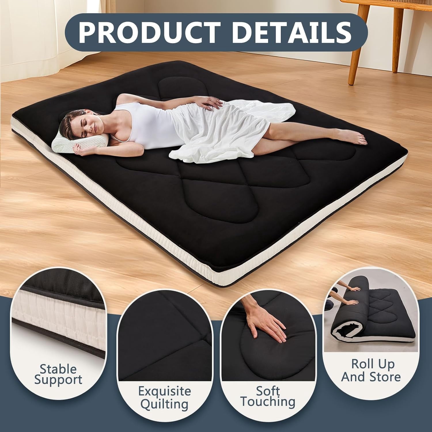ABORON Japanese Floor Mattress Futon Mattress Full Size, Thicken Tatami Mat Sleeping Pad Foldable Roll Up Mattress Black