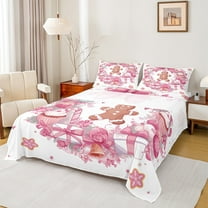 Feelyou Vintage Pink Bowknot Twin Sheet Sets for Girls, Romantic Christmas Rose Twin Fitted Sheet, Winter Stars Snowflake Flat Sheet, Ultra Soft Home Decor, 3-Piece