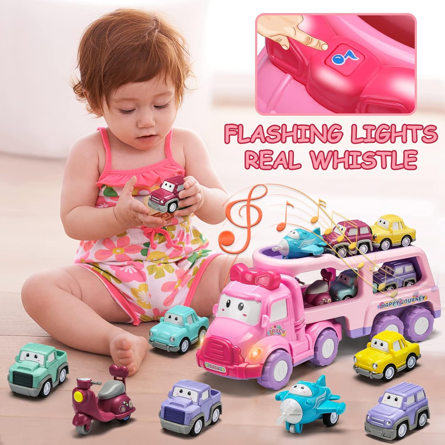 PayUSD Cartoon Vehicle Toy for Toddler Girl 5-in-1 Pink Carrier Truck for Baby Girls Friction Power Transport Car with Light and Sound Toys for 3 Years Little Girl Kid Child Infant Gift Birthday