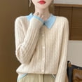 thumbnail image 3 of Suéter de cuello polo a juego de colores de tendencia de otoño e invierno de nueva moda falso dos cardigan para mujer 100% pura lana., 3 of 5