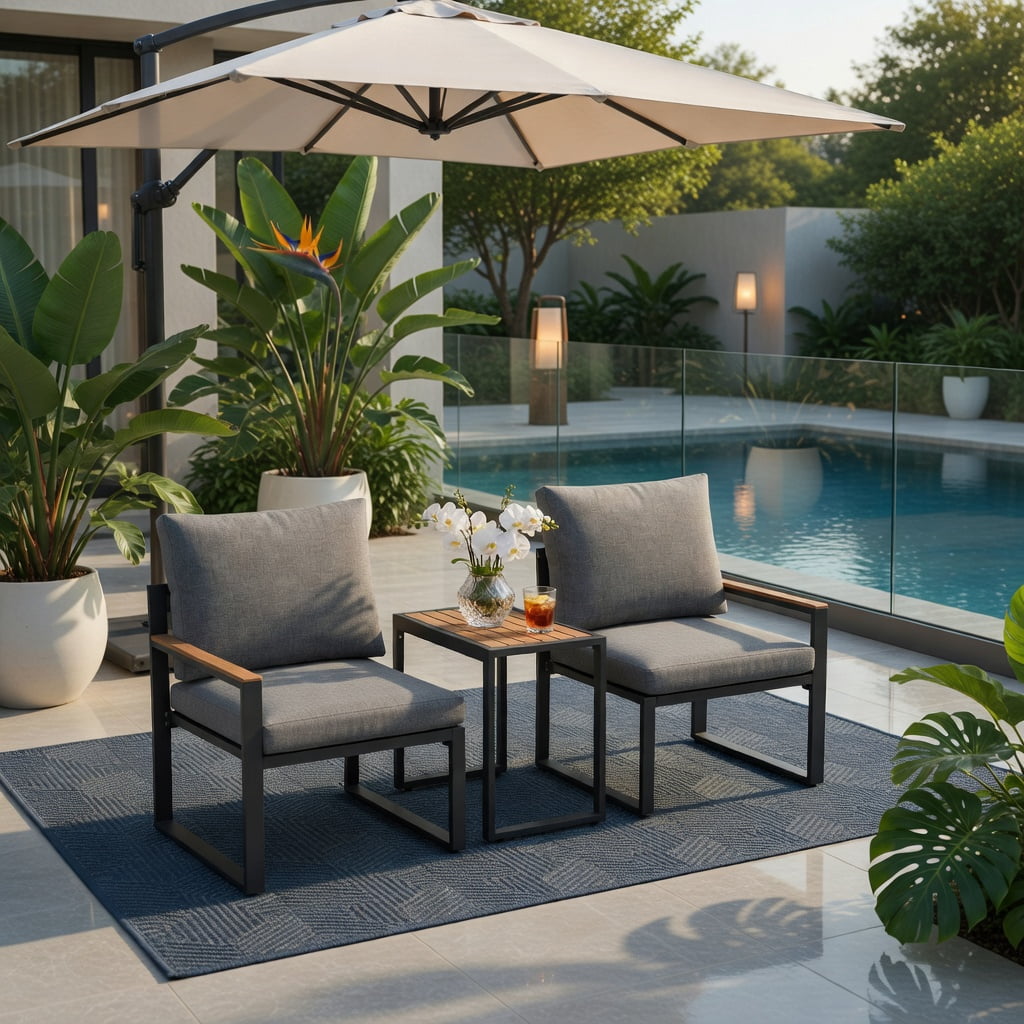 Hommoo 3-Piece Aluminum Outdoor Conversation Set, Weather-Resistant Patio Seating with Thick Olefin Cushions, WPC Coffee Table, Adjustable Feet for Deck, Porch & Poolside, Gray