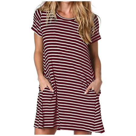 

Women Short Sleeve O Neck Print Pocket Plus Size Sleep Dresses Loose Dress