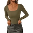 thumbnail image 1 of Remera PRETTYGARDEN de canalé con escote redondo y mangas largas en verde militar, talla S, 1 of 4