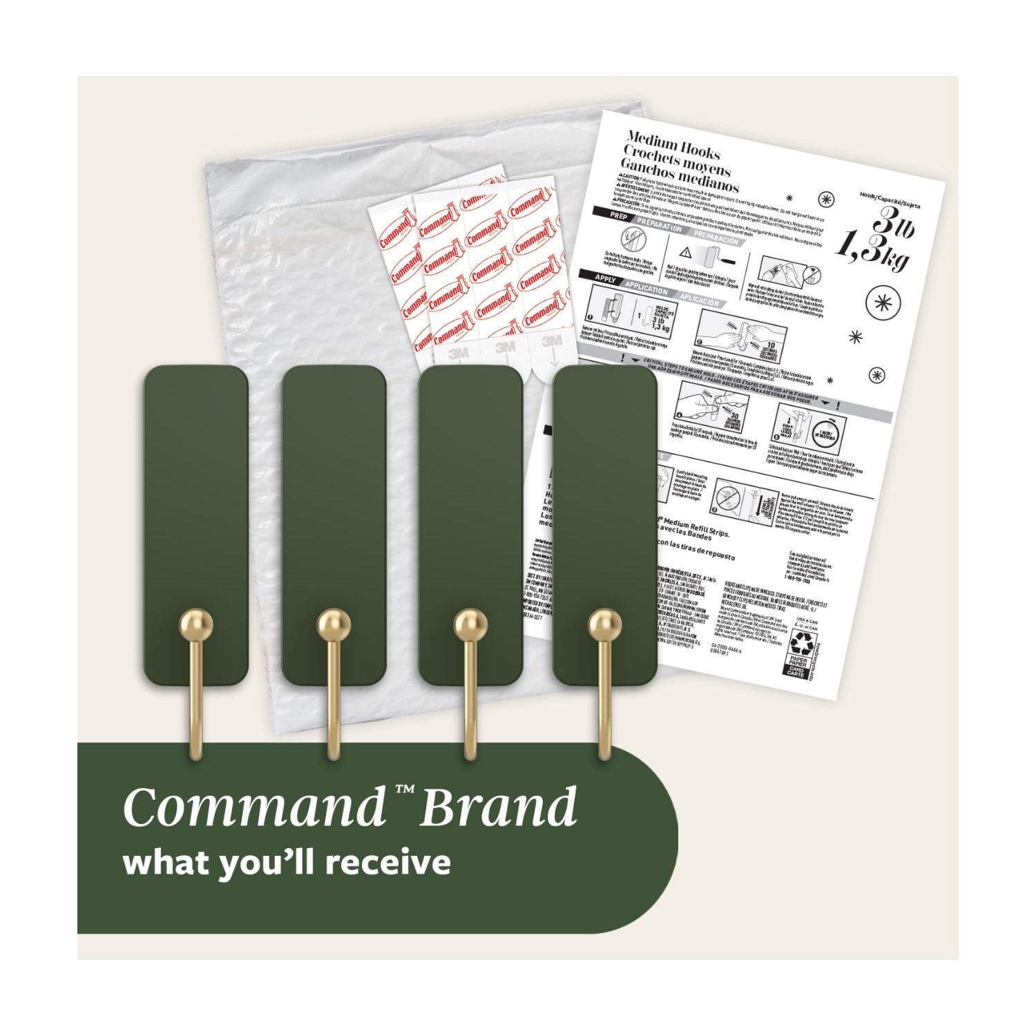 Command Medium Hooks, Rosemary, Holds 3 lbs, 4 Hooks, 6 Adhesive Strips