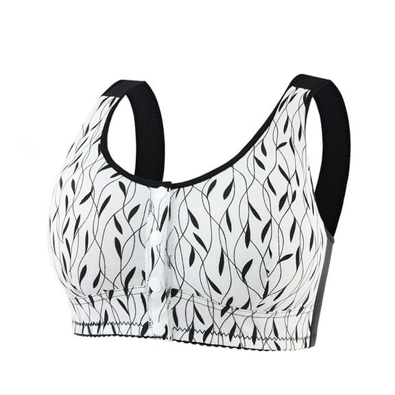 VISALY front closure bra, Women's Leaf Print Thin Cup Soft Cotton Front Buckle Bra for Middle-Aged and Elderly, Bandeau Bras for Women Bra Front Closure Bandeau Tops with Built In Bra, Black,40