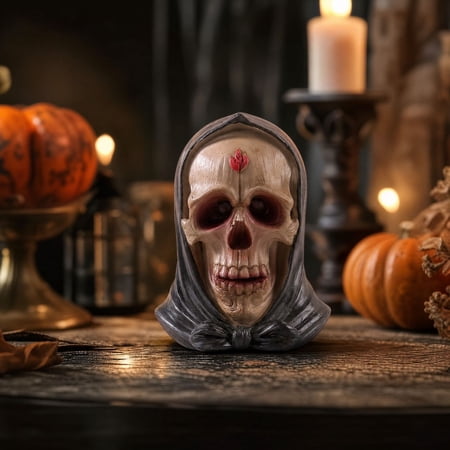 Halloween Decor Hooded Skull Resin Desktop Figurine Flat‑Base Creepy Detailed Table Ornament Vintage Spooky Decoration for Fireplace Shelf Bar Counter Haunted House Party