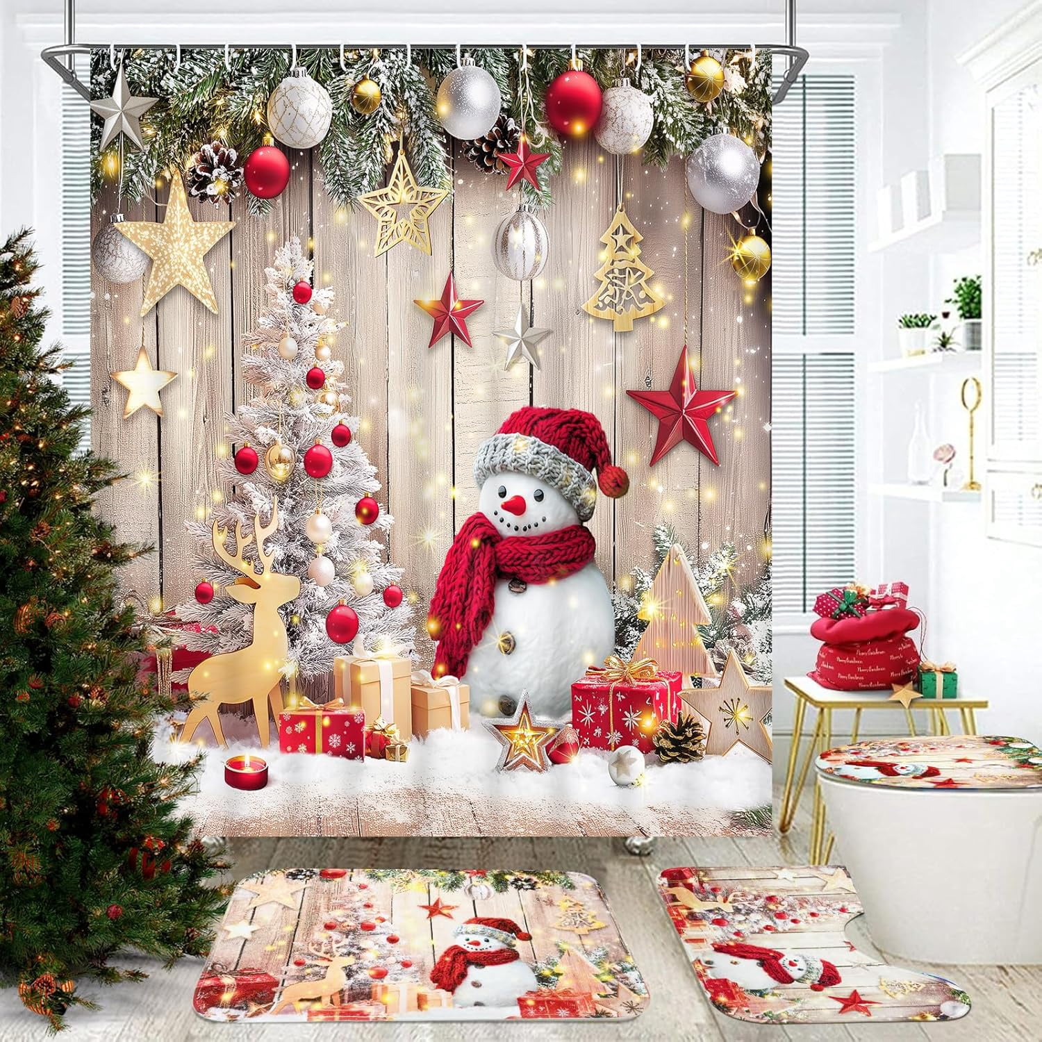 FRAMICS Christmas Snowman Shower Curtain Sets with Rugs, 16 Pc Xmas Tree Wood Barn Door Bathroom Sets, Rustic Winter Waterproof Fabric Bathroom Decor with Hooks