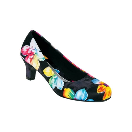 

Angel Flex Women s Carol Low Heel Closed Toe Pumps Black Floral 9.5 Wide US Women