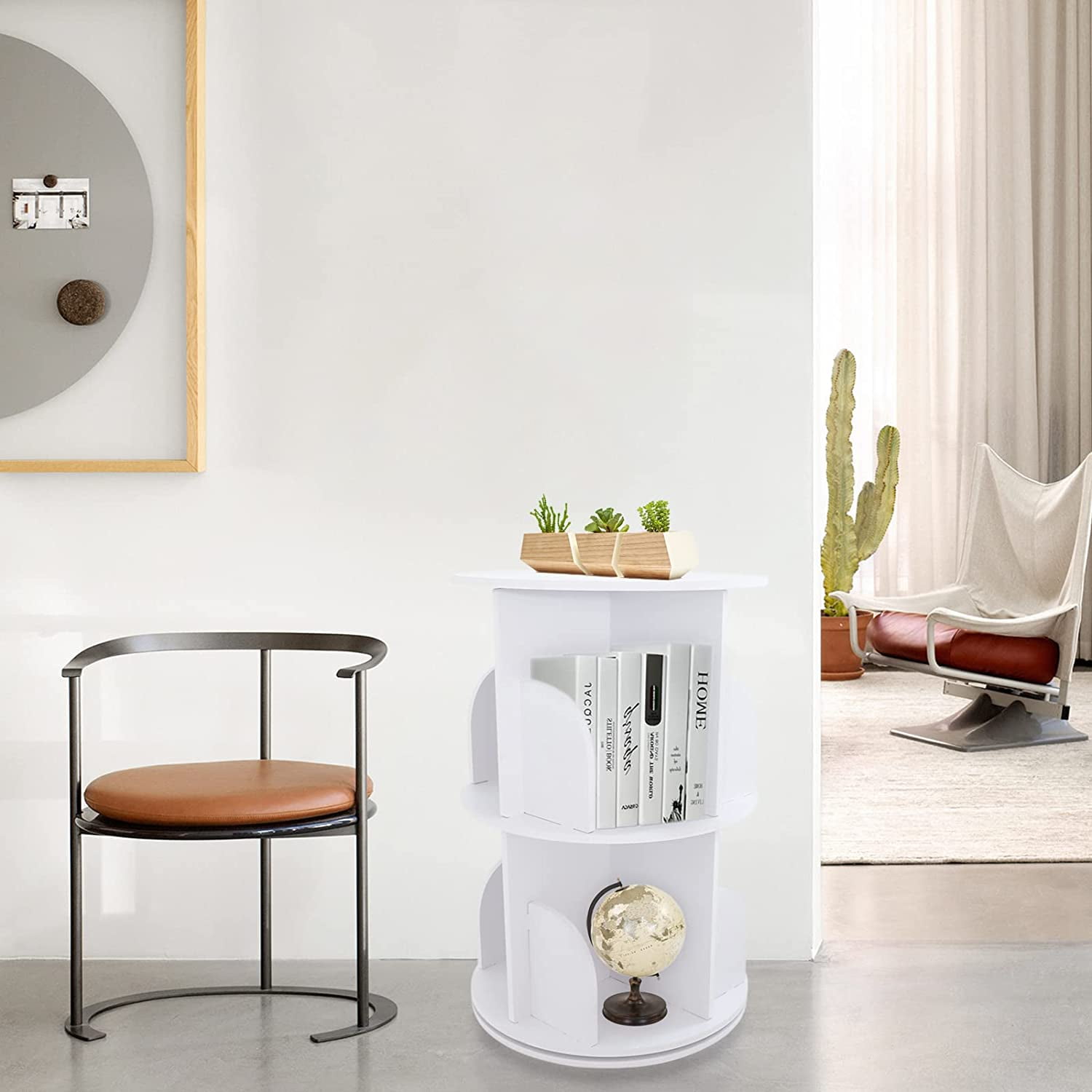 FETCOI 2 Tiers Rotating White Bookshelf 360 Degrees,Stackable Shelves Bookshelf Organizer,Storage Display Rack Floor Standing Shelves