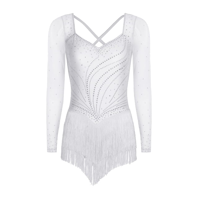dPois Combinaison à Franges avec Strass pour Femmes, Ourlet à Franges, Justaucorps pour Patinage Artistique, Tango, Rumba, Danse, Blanc m