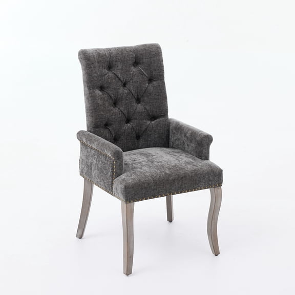 Single Gray Tufted Chenille Arm Dining Chair, Curved Sanded Solid Wood Legs, High Back Accent Armchair for Kitchen Dining Room