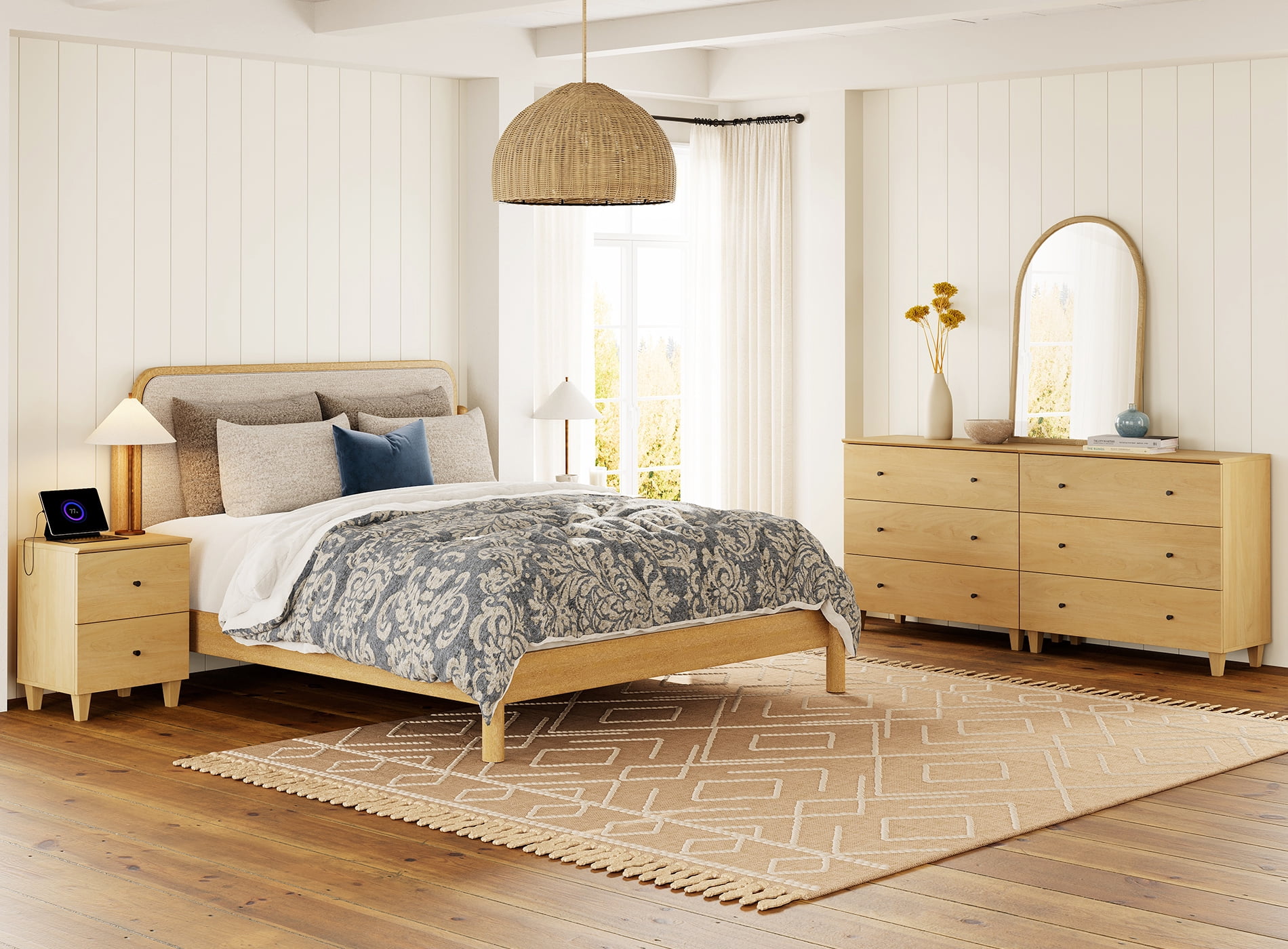 WAMPAT Dresser and Nightstands Set of 4, Wood Dressers with 6 Drawers, 2 Pieces Nightstands with Charging Stations for Living Room, Oak Wood