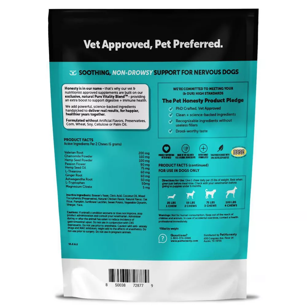 Pet Honesty Hemp Calming Dog Supplement, L-Theanine, Ashwagandha, L-Tryptophan, Chicken Flavor, 60ct Soft Chews