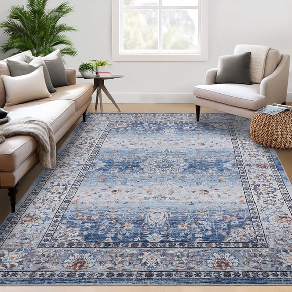FairOnly 8'x10' Blue Machine Washable Area Rugs for Living Room Vintage Floral Rugs Stain-Resistant Rugs for Kitchen Dining Room Bordered Indoor Floor Carpet