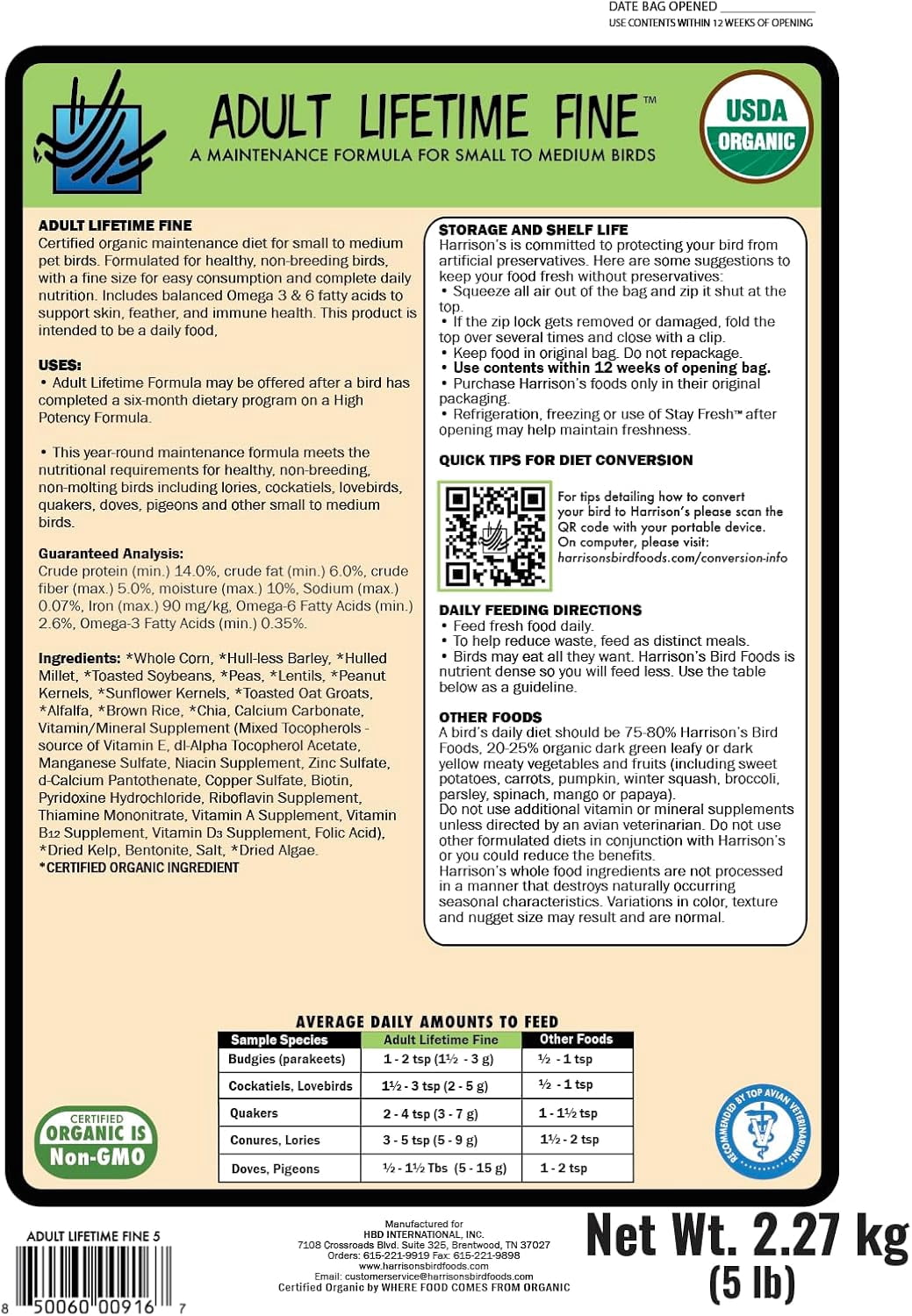 Harrison's Bird Foods Bird Food Adult Lifetime Fine Certified Organic Non-GMO Formula Bird Food 5lb