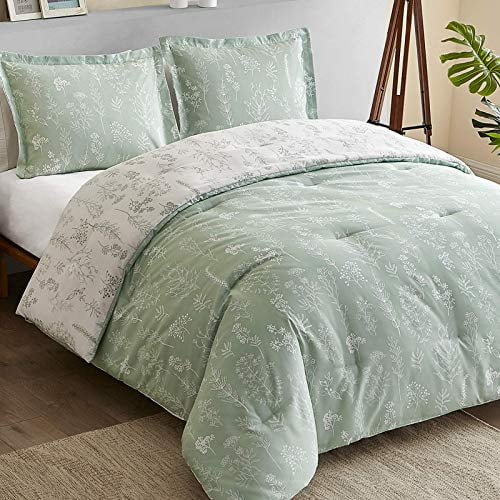 Bedsure Fl Comforter Set King Size Bed Sage Green White Flower And Plant Printed Reversible Botanical All Season Duvet 3 Piece Bedding With 2 Pillow Shams Com Bedsure Fl Comforter Set King Size, White King Size Bed Comforter Set