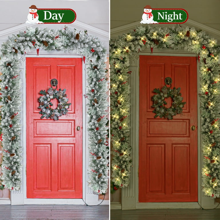 2 Pack 9ft Pre-Lit Snow Flocked Christmas Garland with 160 LED Lights w/ 8 Modes & Timer for Outdoor Indoor Xmas Decoration Fireplace Mantle Stairs Doorway Railings Decor, Battery Operated