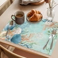 thumbnail image 3 of Teal Beach Coastal Placemats Set of 8 Summer Nautical Coral Shell Botanical Place Mats Indoor Wipeable Table Mats Washable Cloth Dining Table Placemats for Kitchen Holiday Party Home Decor 13x19 Inch, 3 of 9