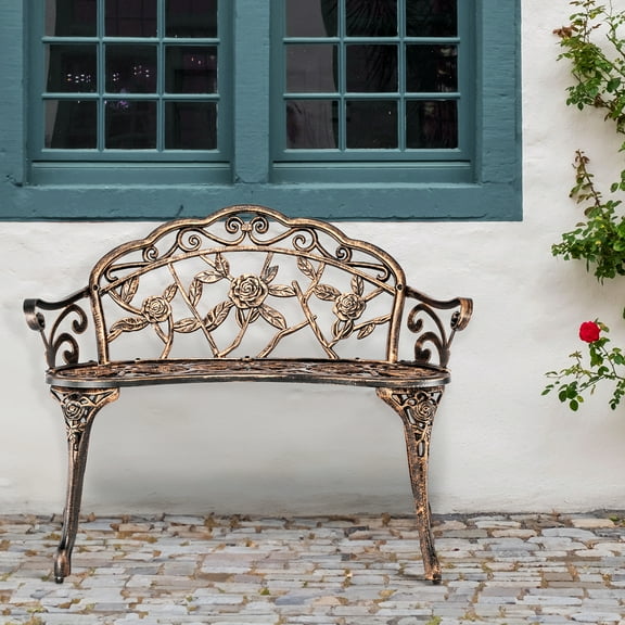 UBesGoo Outdoor Park Patio Bench Leisure Rose Doble Chair, Outdoor Bench for Park, Heavy Duty Metal Bench for Garden, Lawn, Yard, Bronze