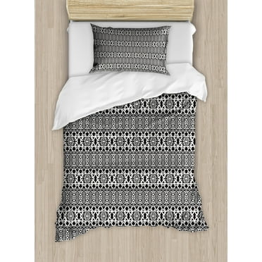 Black and White Twin Size Duvet Cover Set, Folk and National Art Design Mexican Mayan Culture Pattern with Triangles, Decorative 2 Piece Bedding Set with 1 Pillow Sham, Black White, by Ambesonne