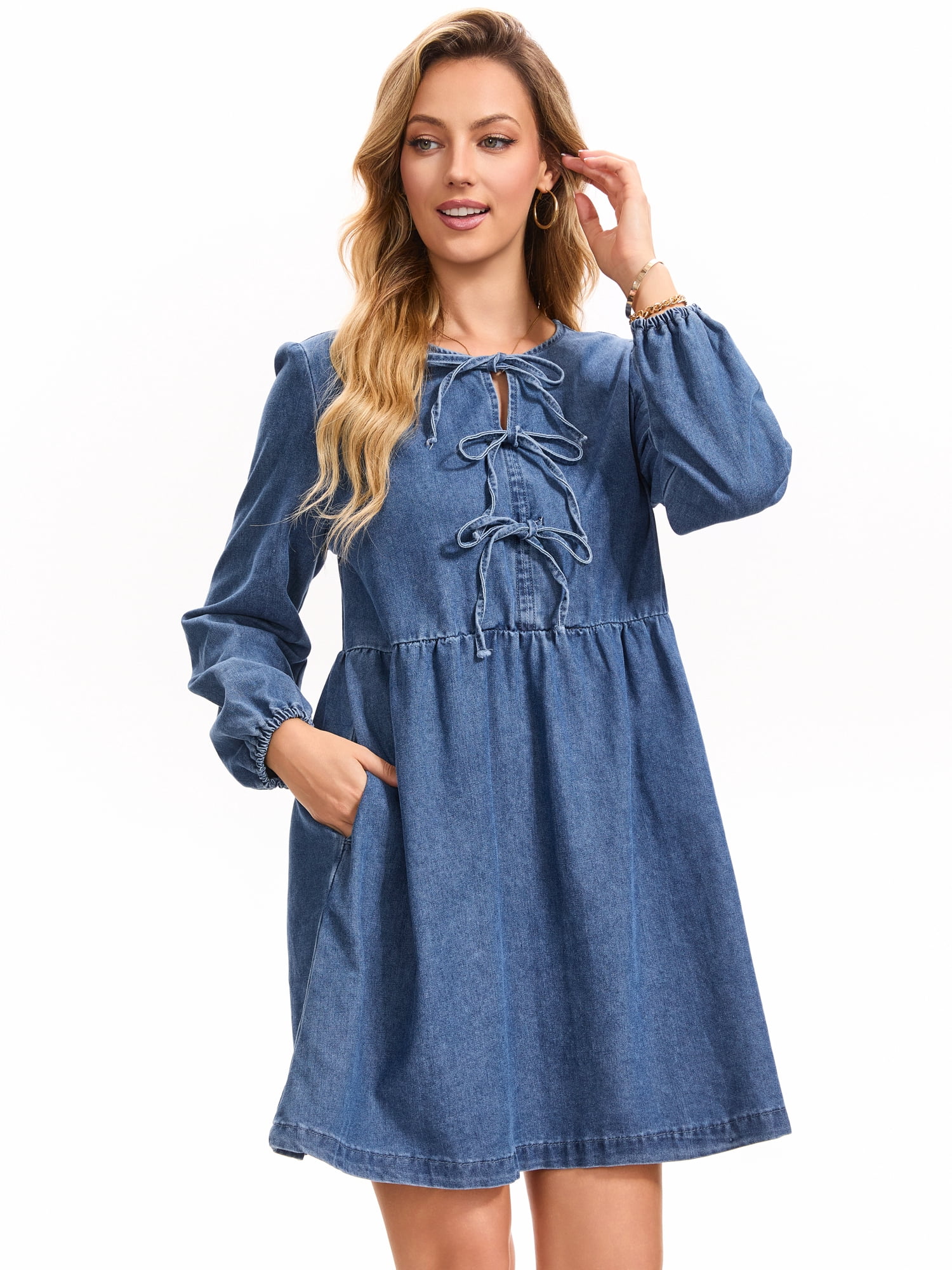 DARING DIVA Women's Denim Dress Bow Tie Long Sleeve Babydoll Dresses M Blue